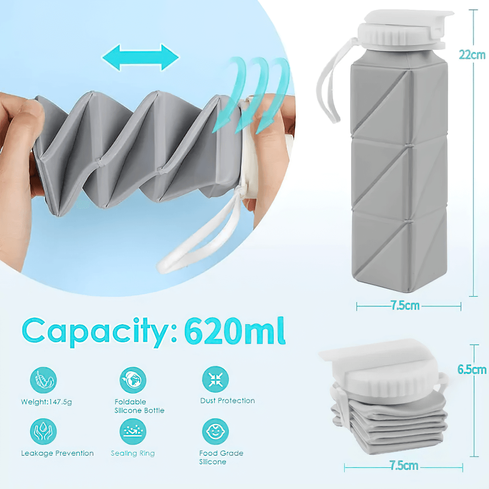 Silicone Collapsible Water Bottle for Travel - SF3483, 620ml foldable BPA-free, leakproof with straw, perfect for gym, hiking, or camping.